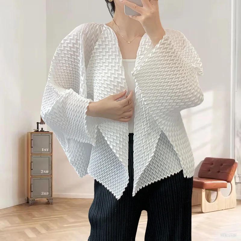 

Miyake Pleated Jacket Solid Color Casual Loose Top 2025 Autumn New Fashion Peplum Cardigan Jacket Fashion Women Clothing