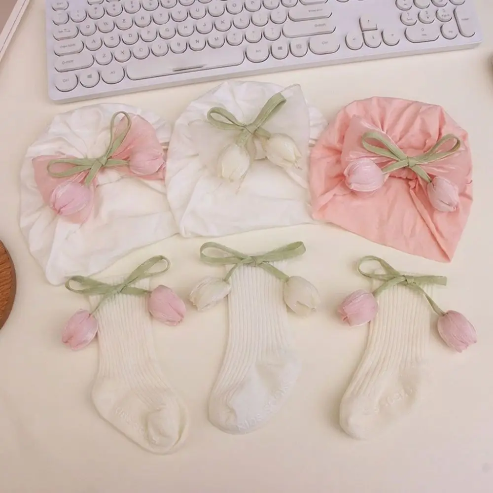Soft Sweet Bow Newborn Cap Socks Set Elastic Kids Photography Props Girls Long Sock Fulip Flower Baby Beanies Newborn