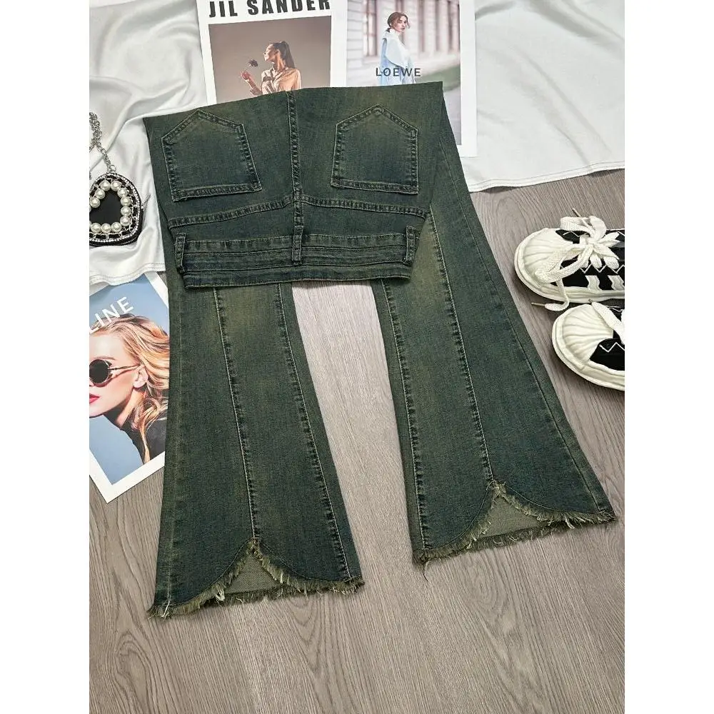 

Casual High Waist Flared Jeans Women's New Sle plus Size Elastic Hoof Pants Resin Dyeing Pure Color Spring Cotton Pol...