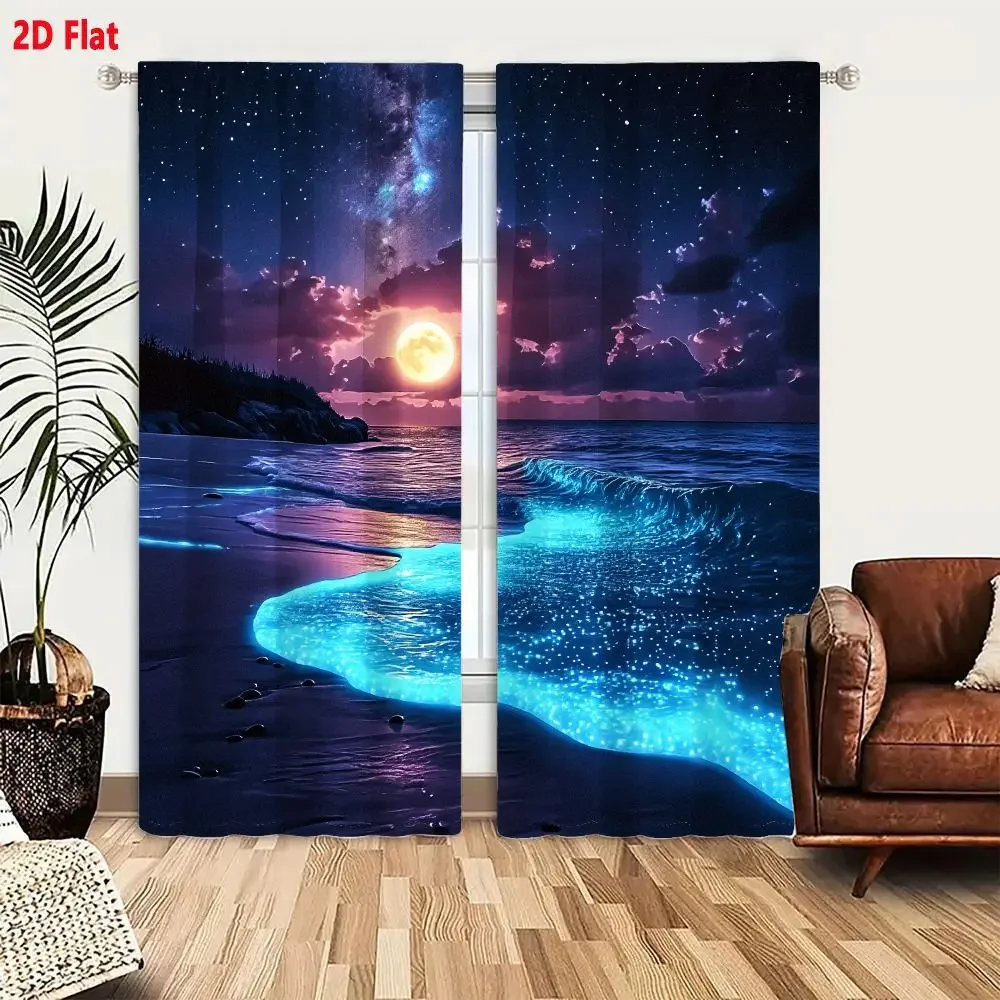 Galaxy Night Sky Beach Curtain Waterproof Window Drapes for Bedroom Living Room Home Decor Aesthetic