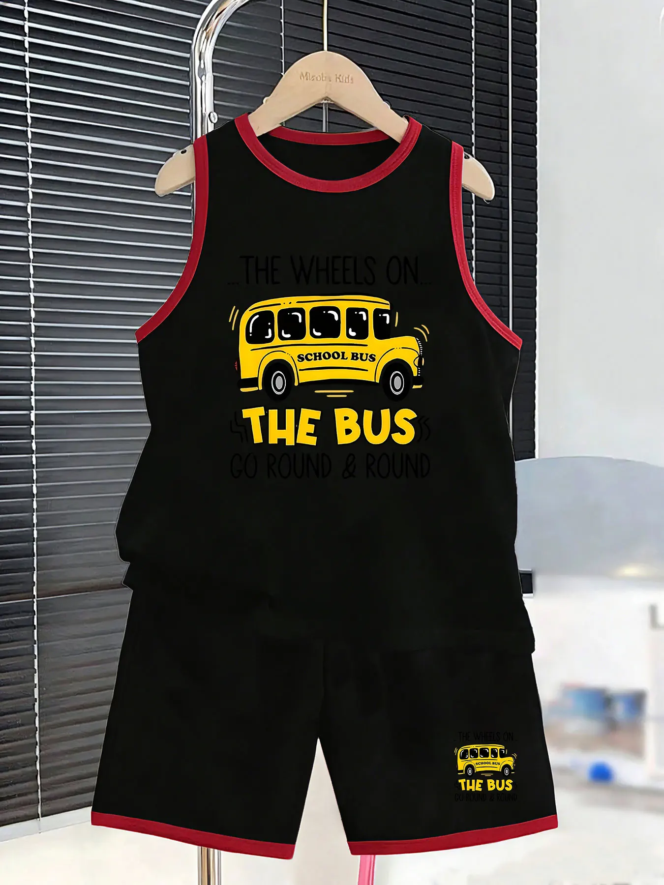 Boys' School Bus & Nursery Rhyme Themed Tank Top and Shorts Set, creating playful summer outfits. Selected breathable and skin-f