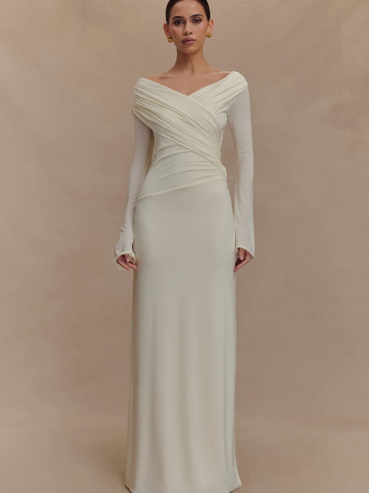 Arctic Cat Elegant Long Sleeve Double Layerจีบชุดผู้หญิงเซ็กซี่VคอBodycon Partyชุดราตรีฤดูใบไม้ร่วงใหม่แน่นVestidos