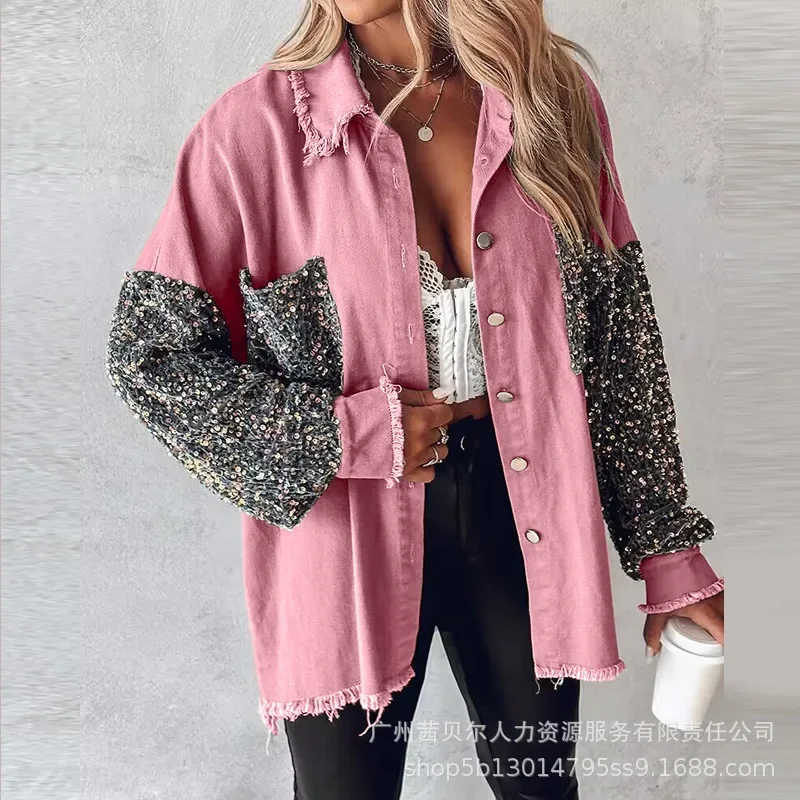 Elegant Shirt Cardigan Coat Casual Loose Pockets Trend Sequin Shirts Jackets Women Long Sleeve Stitching Contrast Raw Hem Coats