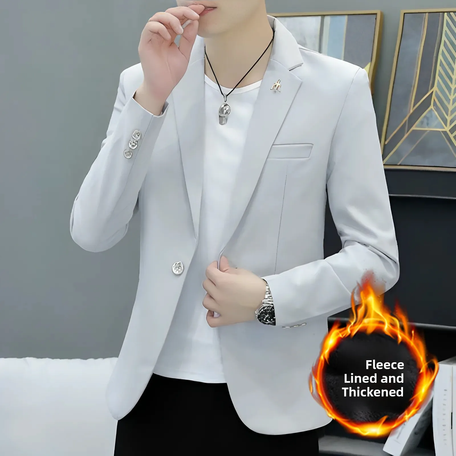 

Men's Faionable Fce Lined Thiened Autumn Winter Suit Slim Fit Single Breasted Jaet Urban Sle Long Sve Color