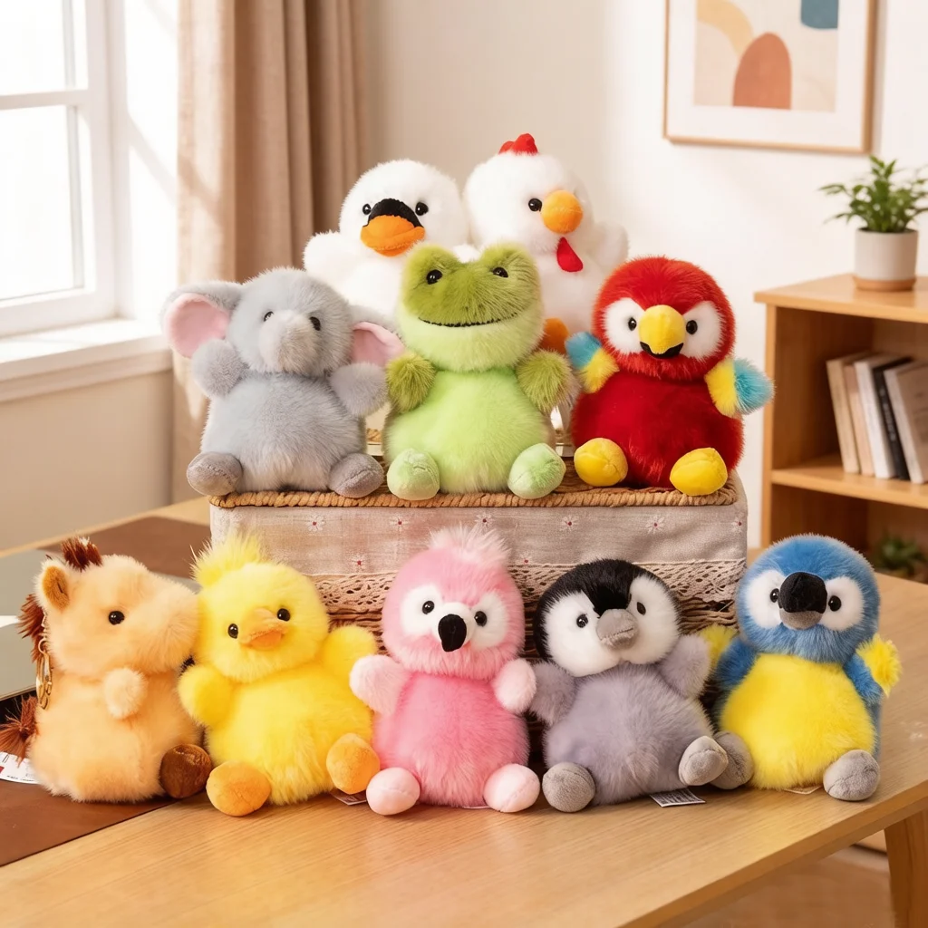 13cm Kawaii Fatty Fluffy Cartoon Animal Plush Pendant Stuffed Parrot Flamingo Swan Small Plushie Key Ring Decor for Bag Gift
