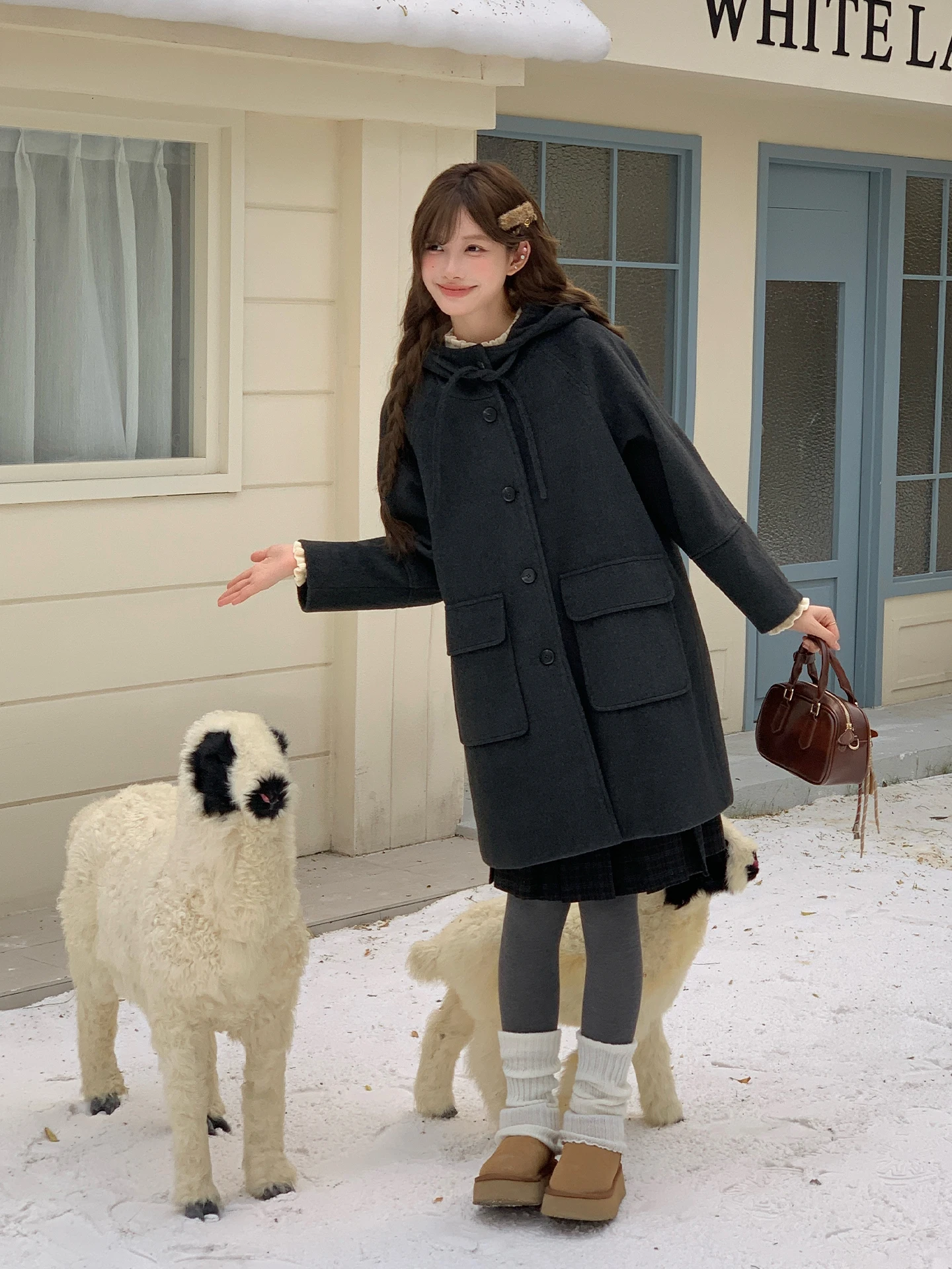 

Tokyo Annual Record JK Autumn Winter ey Woolen Coat Hooded Midi Women's Clothing Straight Cut Polyester Warmth Guara...