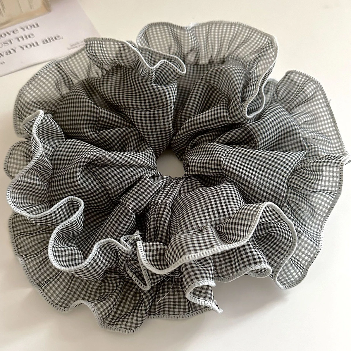 1pc Korean style blue-gray plaid lace hair tie, elegant and simple, fluffy bun ring, large hair rope for the back of the head - Image 5