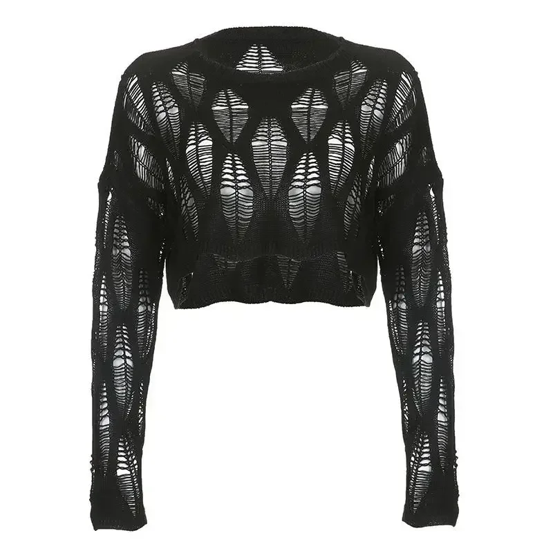 

Women Knitted Pullover Dark 2024 Fashion Korean Harajuku Ripped Long-sleeved Top Sexy Openwork Summer Girl Sweater