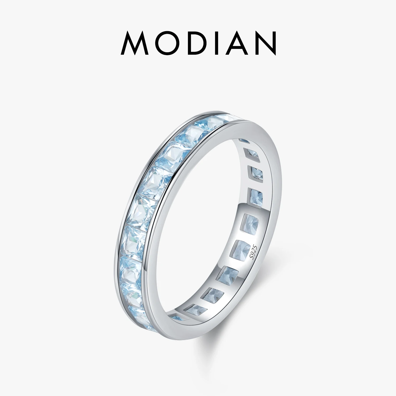 MODIAN 925 srebro luksusowe kwadratowe cyrkonie palec serdeczny moda możliwość układania w stosy pierścionki Eternity Band dla kobiet piękna biżuteria