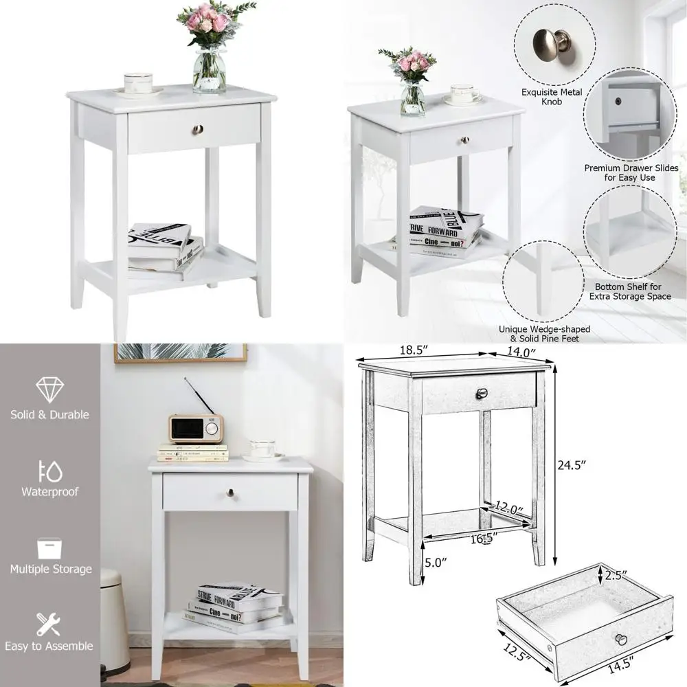 

Wooden 2-Tier Couch Side Table with Drawer and Storage Shelf, Solid Wood Legs, Multi-Functional Furniture