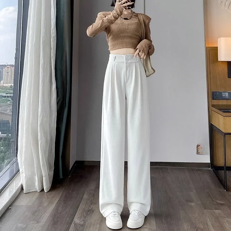 Corduroy Plus Velvet Thicker Casual Pants Women Fall Winter Keep Warm Soft Solid Color Female High Waist Wide Leg Trousers Chic