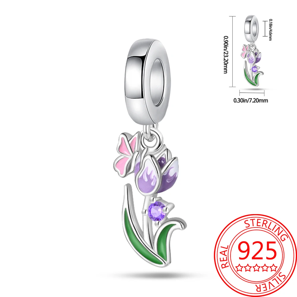 

Flower Series 925 Sterling SilverPurple Tulip Butterfly Pendant Fit DlY Bracelet Necklaces Boutique Seasonal Decorative Gifts