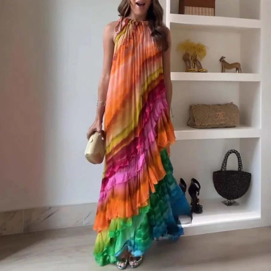 ผู้หญิงฤดูใบไม้ผลิฤดูร้อนใหม่ Halter คอสีพิมพ์ชุดชีฟองหลวมข้อเท้าความยาวชุด
