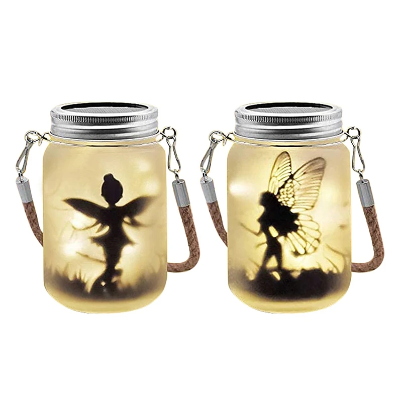

2 Pack Fairy Solar Lantern Outdoor,Waterproof Hanging Frosted Glass Fairy Solar Mason Jar Lights For Yard,Garden,Lawns
