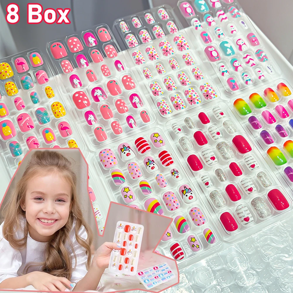8-caixas-de-unhas-posticas-infantis-curtas-com-estampa-de-unicornio-fofo-flores-poa-arco-Iris-e-coracoes-cobertura-total-prontas-para-usar