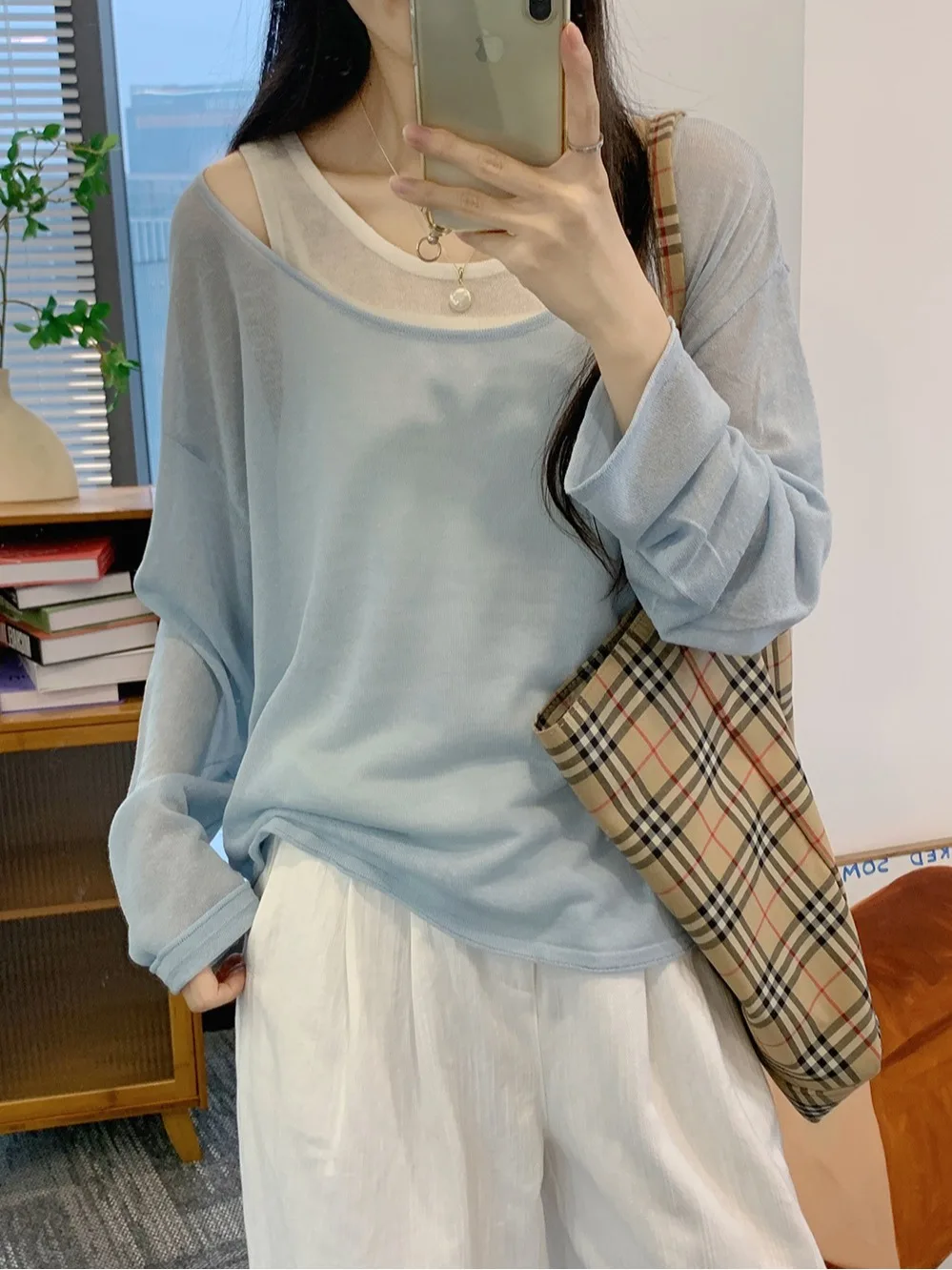 

Blue Ice Silk Knitted Top Women's Spring Summer Lightweight Long Sve Outerwear Dopane Sle Ci Walk Soft Polyester