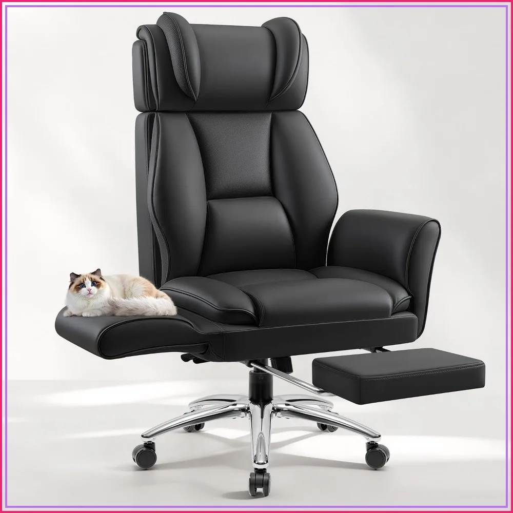 Big and Tall Office Chair Flip Armrests Ergonomic Leather Executive Desk Chair with Foot Rest Black