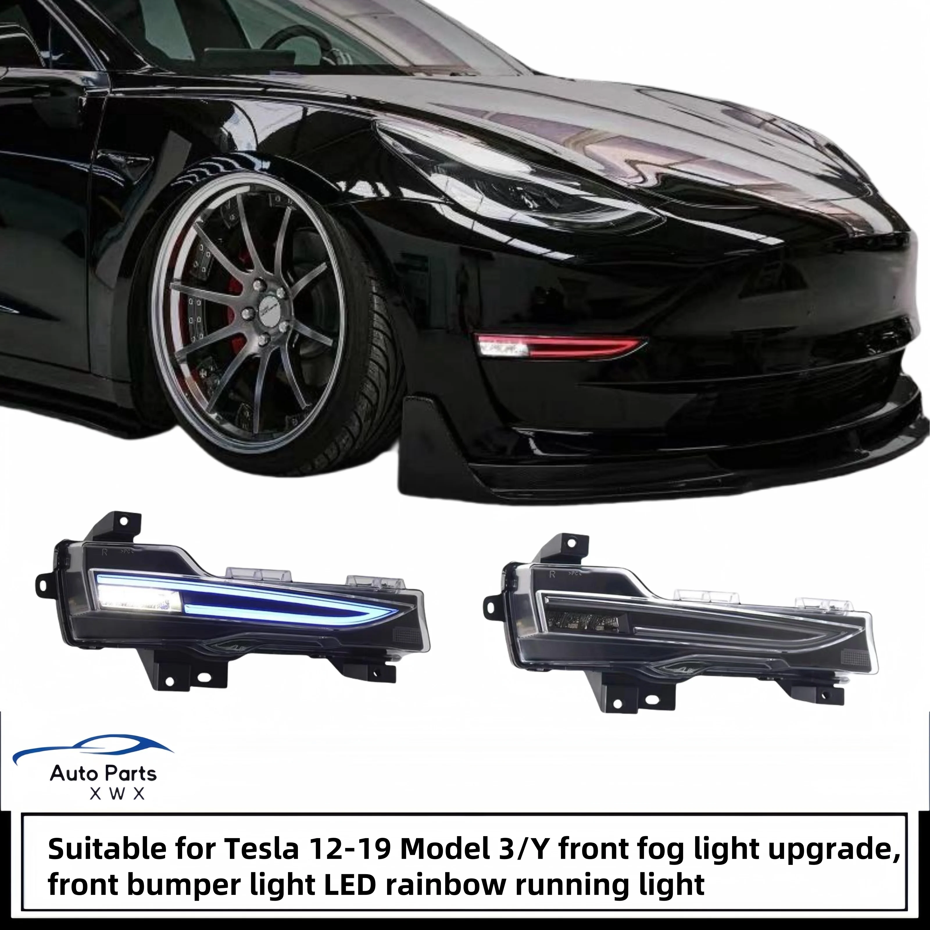 Suitable for Tesla 19-22 Model 3 front fog lights Model Y modified front bumper lights LED rainbow running lights