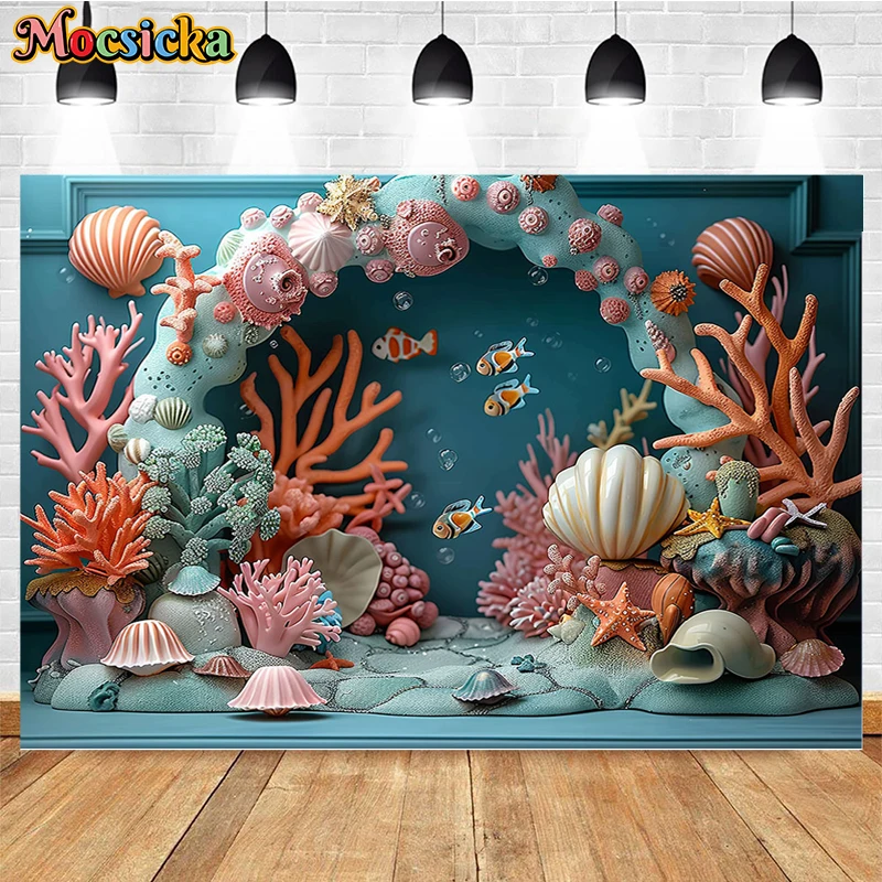 Mocsicka-Fondo de fotografía con temática oceánica, decoración de sirena, Coral, Princesa, fiesta de cumpleaños, pastel, Smash, estudio fotográfico