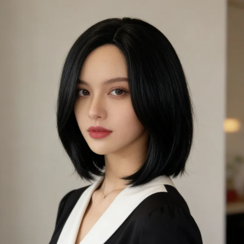 Black Fashionable Side-Part Synthetic Wig - Halloween Party Cosplay Role-Playing Wig - Daily Wear High-Temperature Silk Wig Cap