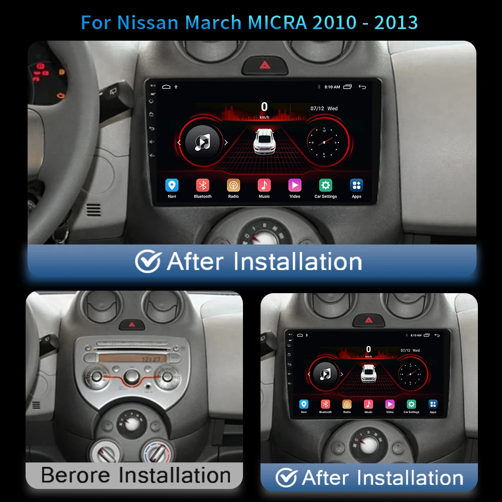 Autoradio Android, Navigation GPS, 4G, Carplay, Lecteur Vidéo, Limitation Audio, 2 Din, pour Voiture Nissan March MICRA (2010, 2011, 2012, 2013)