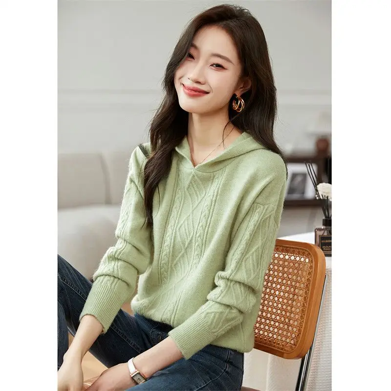 

Women Clothing Fashion Casual Solid Hooded Pullovers Autumn Winter New Vintage Elegant Loose Knitted Sweaters