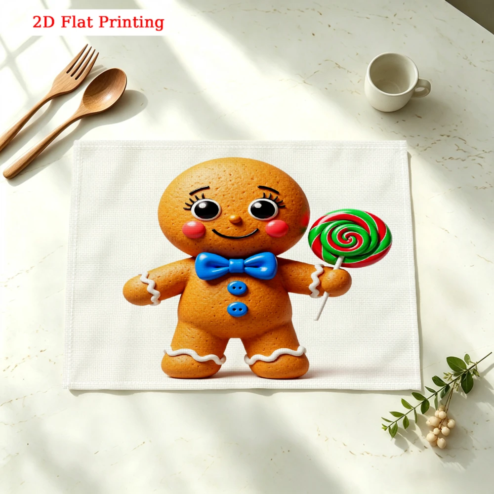 Gingerbread Man Holding Lollipop Kitchen Placemat Coaster Linen Pad Dish Coffee Cup Table Mat 30x40cm Home Decor