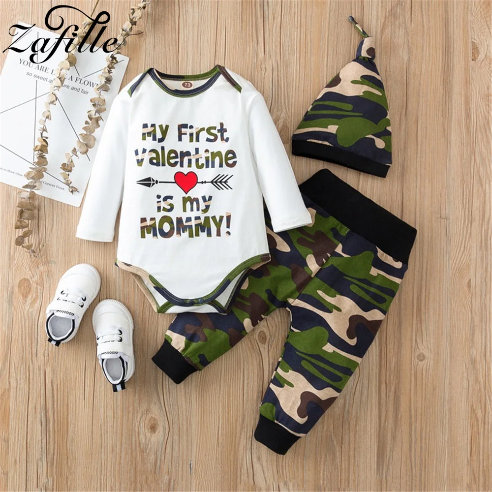 

ZAFILLE Baby First Valentine's Day Costume Letter Print Bodysuit+Camouflage Pants Men's Baby Clothes Set Kids Newborn Clothing