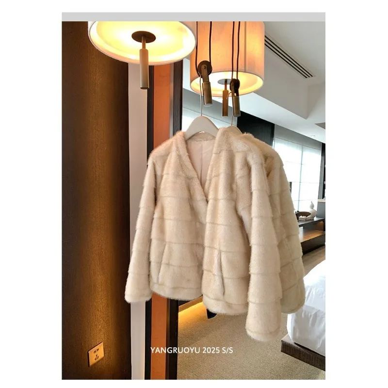 2026 New Women Warm Thick Cropped Fur Coat Crew Neck Open Front Solid Long Sleeve Pocket Autumn Winter