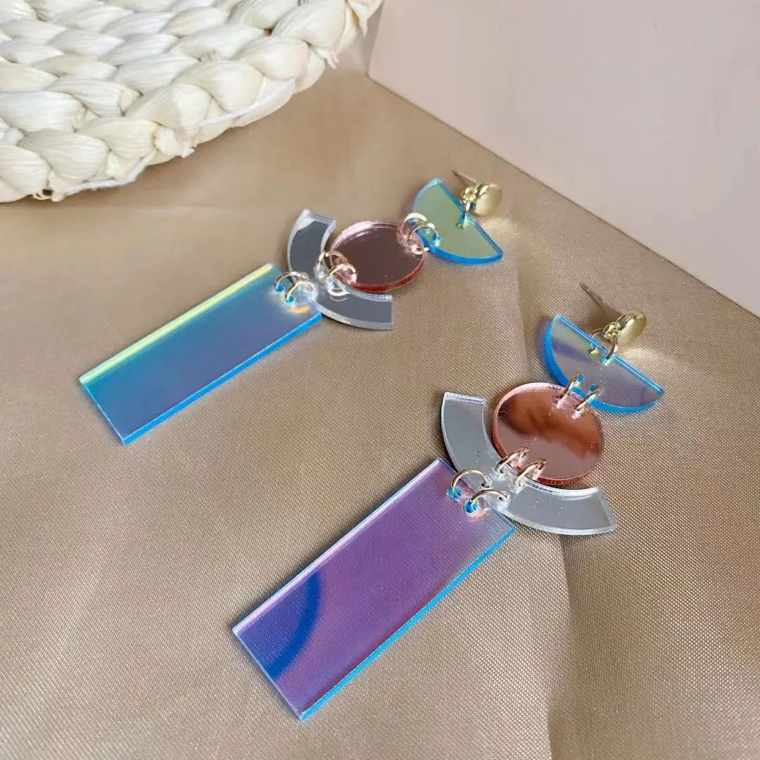 New Laser Iridescent Acrylic Long Geometric Earrings for Women Girls New Rectangle Round Moon Drop Earring Fashion Party Jewelry