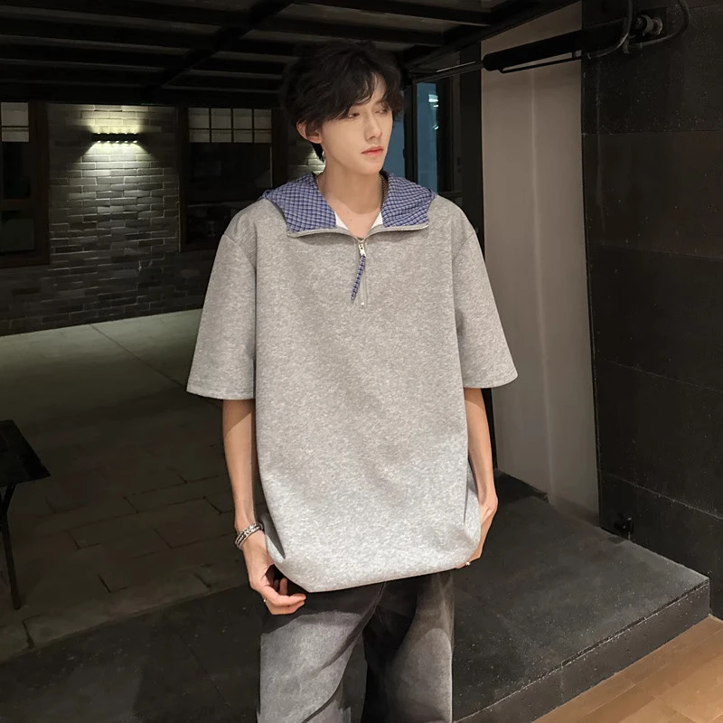 Men's 2025 Summer New Niche Half-zipper Splicing Plaid T-shirt Faux Two-piece Hooded Short-sleeve T-shirts Male High-end Tops