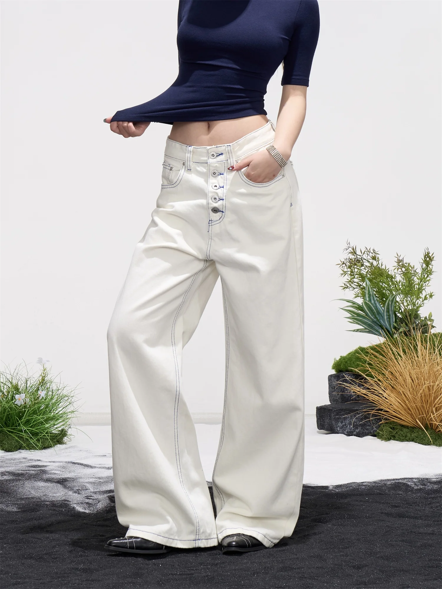 

American Sle Vintage White Wide Leg Jeans Women Loose Drapey Knife Pants Versatile Slimming Casual Long Trousers