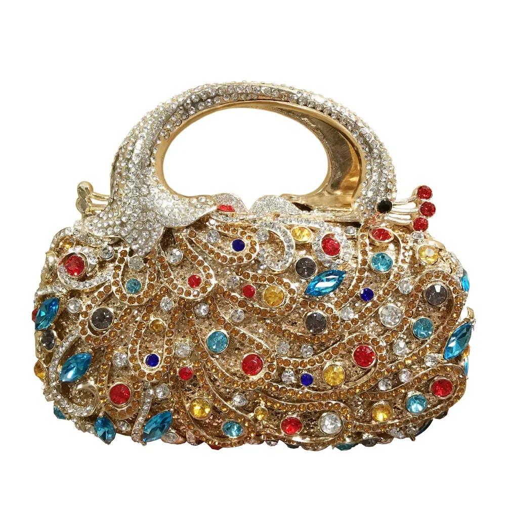 Luxury Gold Peacock Minaudiere Diamond & Multi-Color Crystal Evening Handbag for Wedding Dinner Designer Women's Clutch Bag