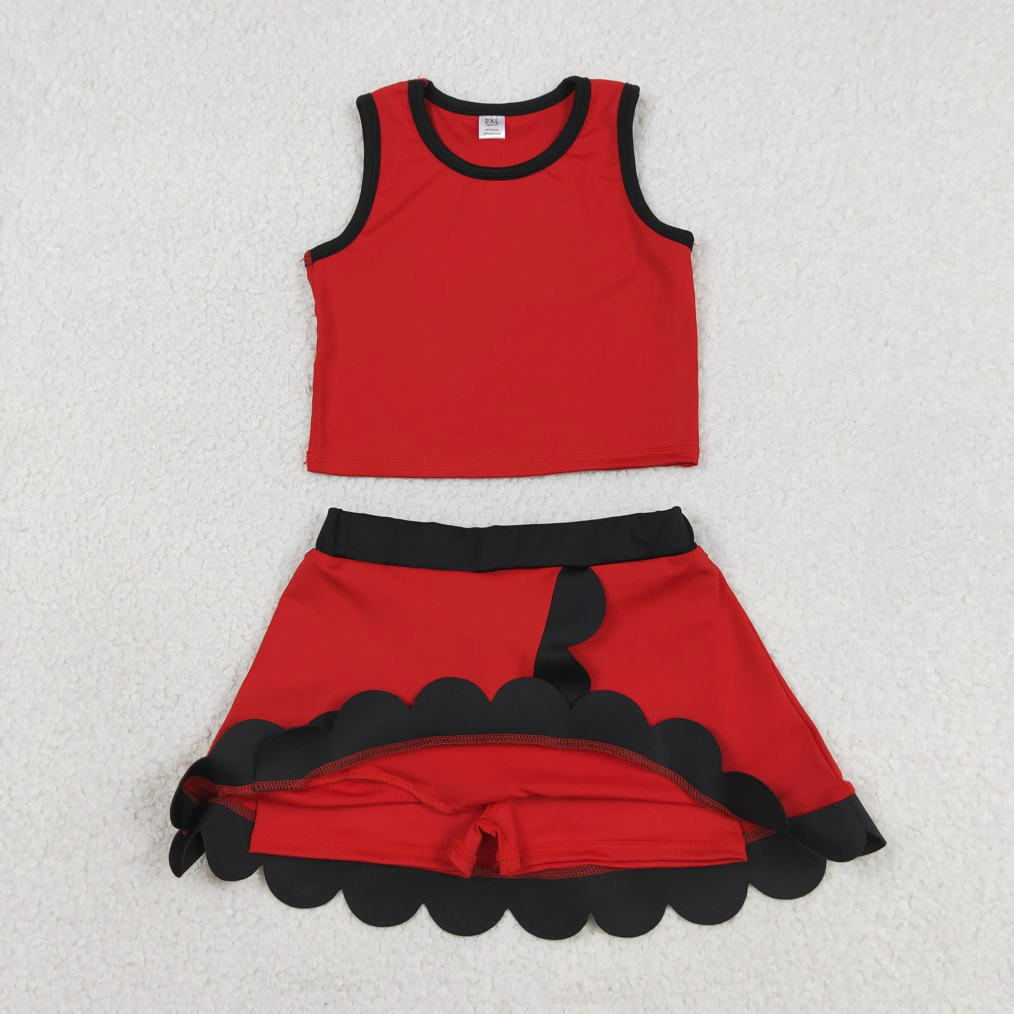 Wholesale Baby Girl Yoga Active Clothing Toddler Red Shirt Black Ruffle Skirt Shorts Kids Skort Set Athletic Summer Clothes
