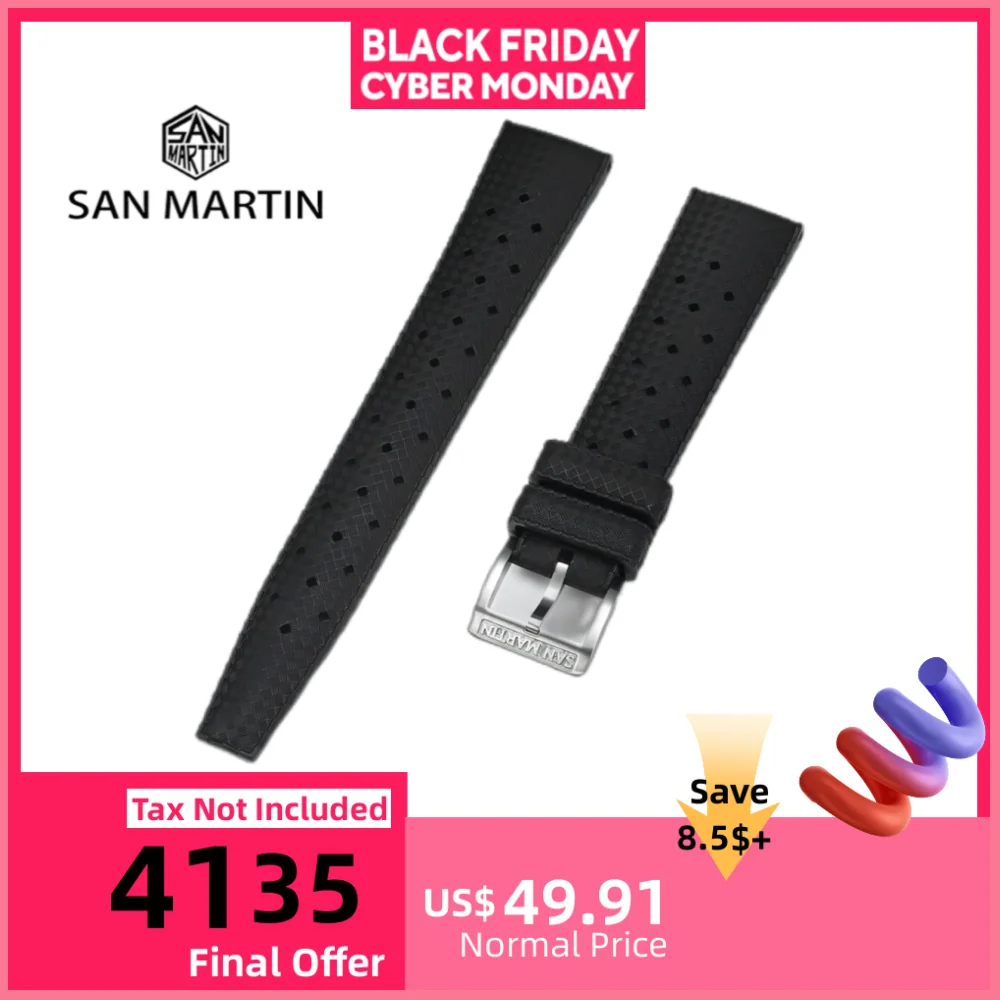 

San Martin 18mm 20mm 2 Piece Tropical Fluorine Rubber Strap Tropic FKM Watchband Straight End Steel Pin Buckle ремешок SF0010