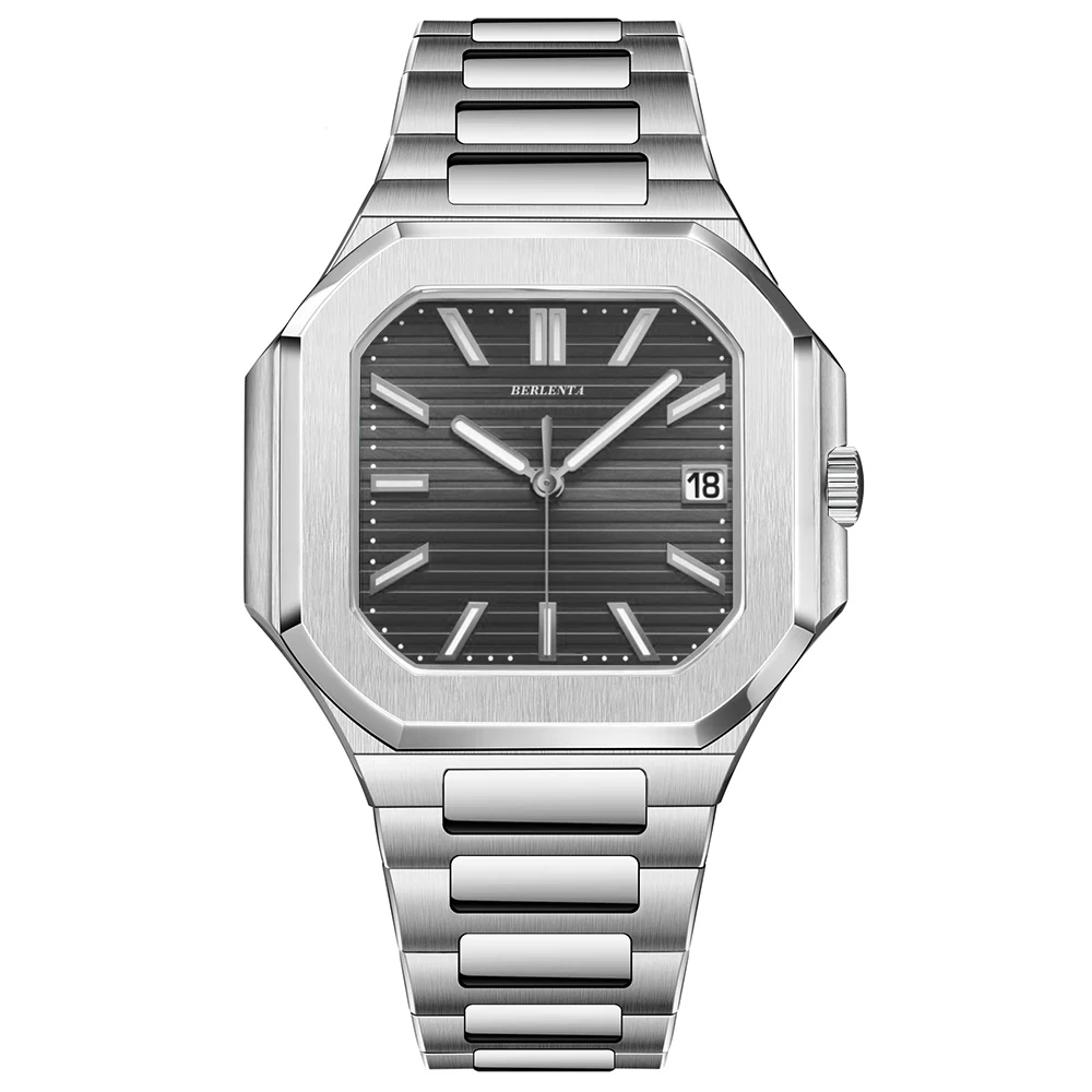 

Berlenta брендовые мужские квадратные кварцевые часы, подметающая вторая сталь 316L, ретро наручные часы AAA для мужчин, водонепроницаемые часы класса люкс