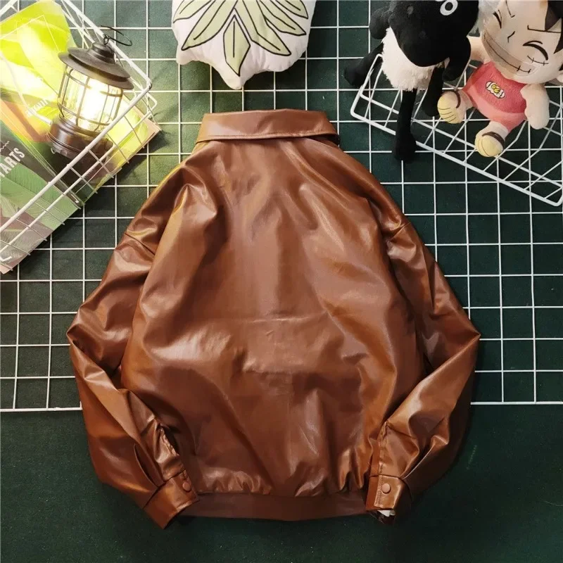 Brown Men's PU Leather Bomber Jacket Thickened Windproof Coat for Men's Autumn Winter Large Size Workwear Jacket​