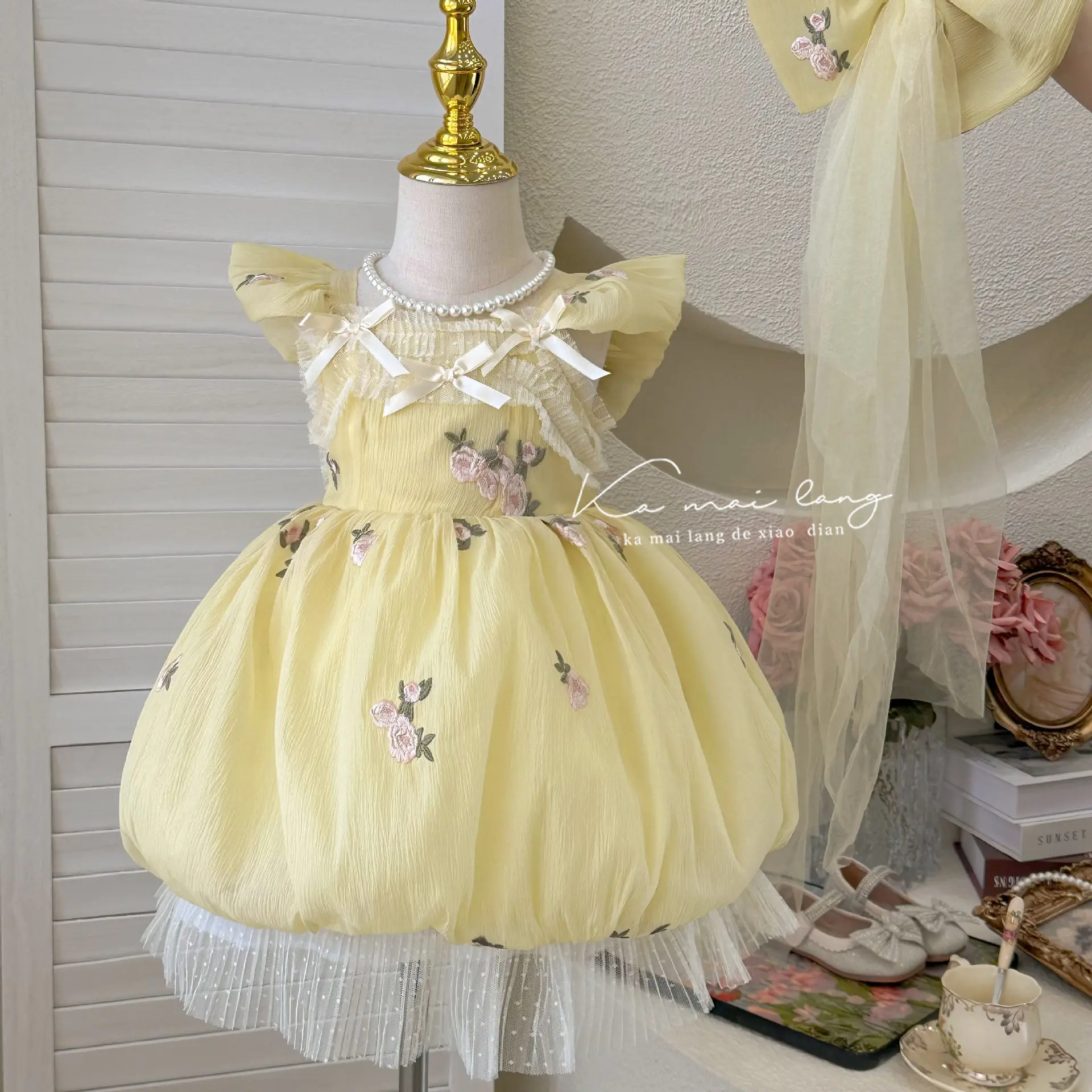 

2026 Summer New Girl Summer Flower Embroidery Flower Bud Bow Western Style Baby Girl Casual Princess Dress