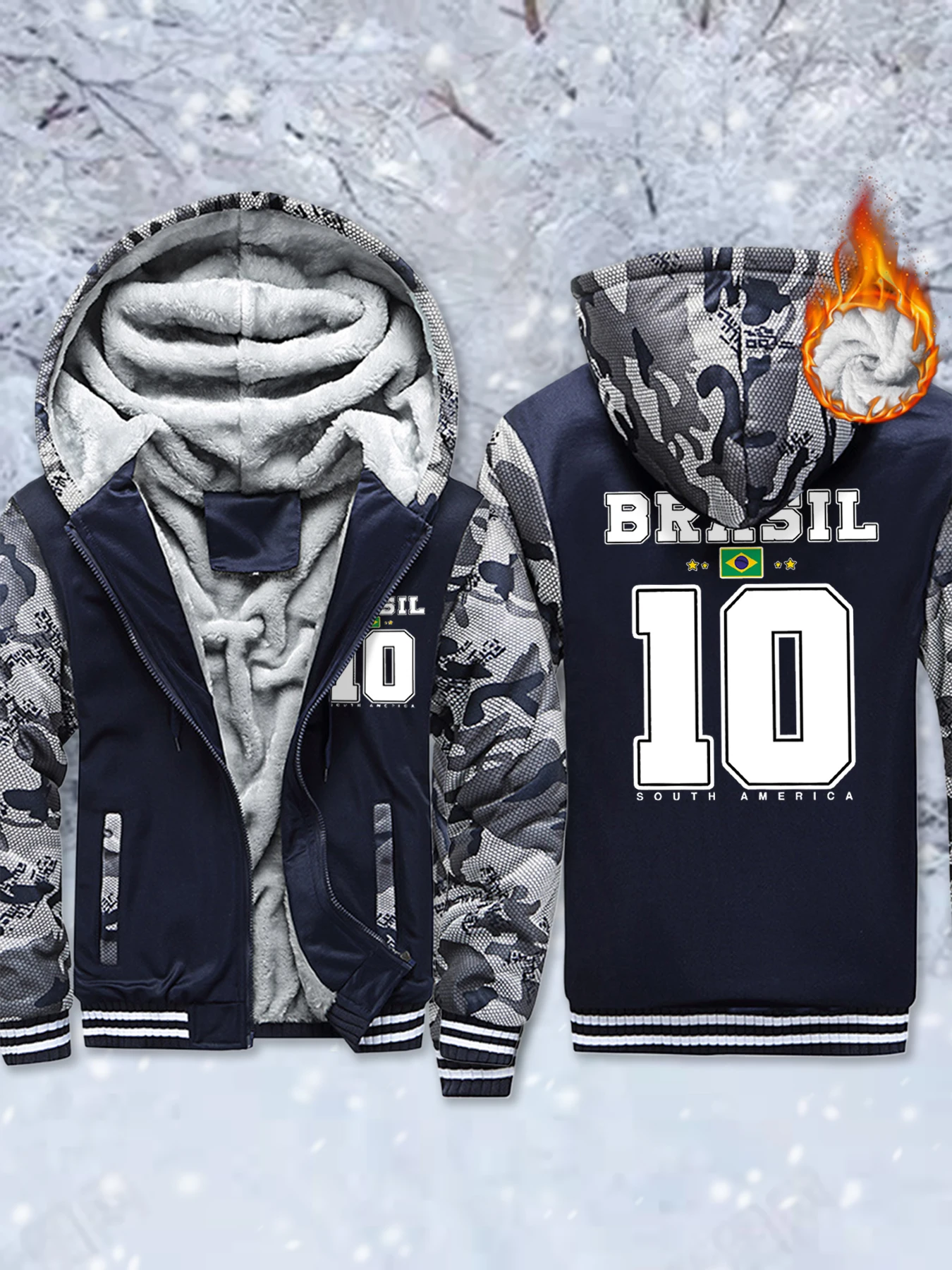 

World Brasil South America Printing Fleece Thicken Jackets Man'S Basics Winter Sportswear Pocket Zip-Up Coat Warm Comfy Outwear