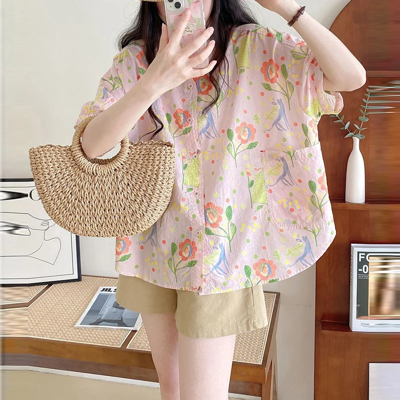 Women's Trendy Floral Print Oversized Button Up Shirt 2024 Summer Holiday Sweet Kawaii Harajuku Blouse Casual Short Sleeve Tops