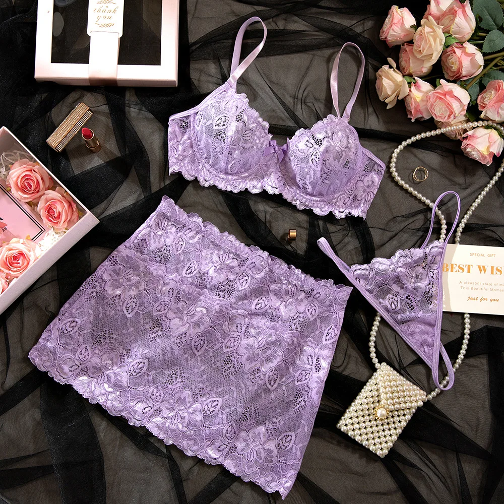 ​Purple Lace 3 Piece Sexy Lingerie Set Push Up Bra Mini Skirt G String Romantic Erotic Underwear For Valentines Day Sex Outfits​