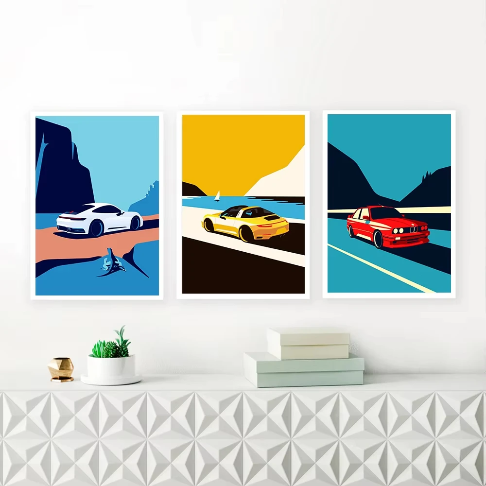 1pc frameless 1pc Classic 911 Car Poster Scandinavian Retro Trend Car Wall Art Red Yellow Green White Canvas Painting Home Livin