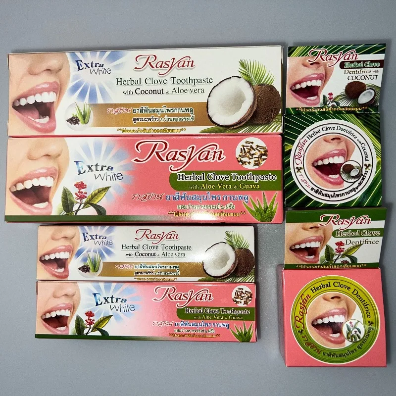 Набор зубной пасты и порошка Rasyan из Таиланда с гвоздикой и кокосовым маслом: эффективно удаляет желтые пятна и устраняет неприятный запах изо рта