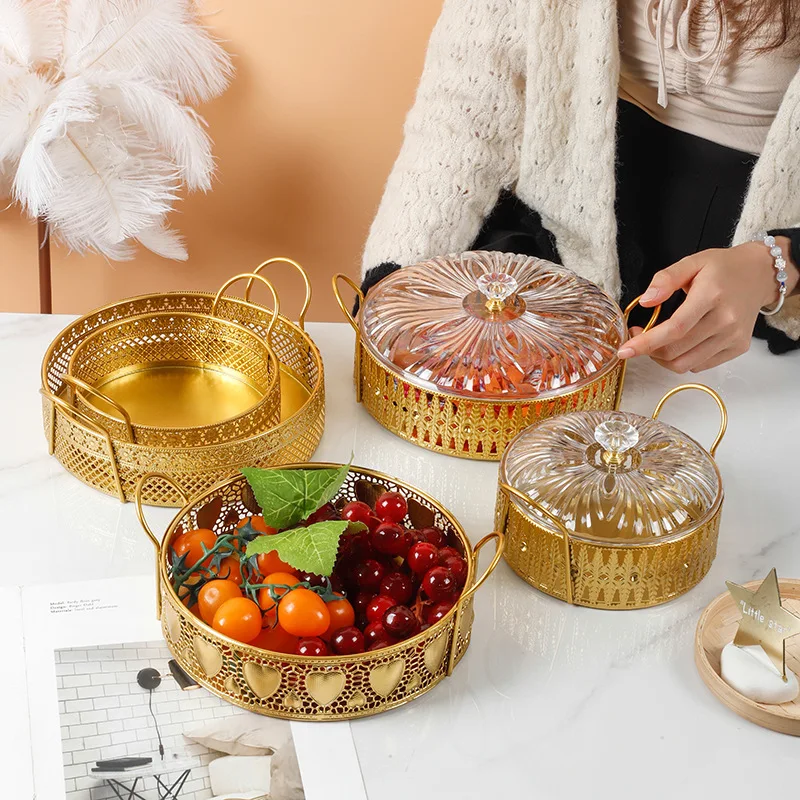 

Metal Snacks Fruit Tray Organizer with Cover Organizers Plate New Year Candy Box for Home Use Kitchen Accessories Appliance