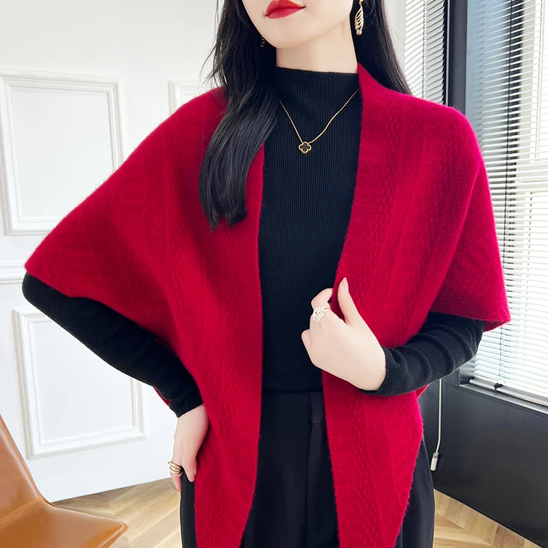 100% pure wool shawl cardigan women's autumn and winter new solid color knitted blouse loose cloak sweater coat