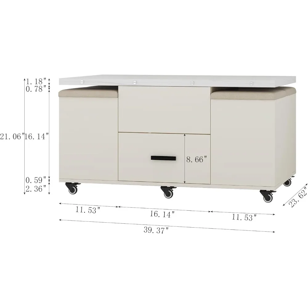 Lift Top Coffee Table with 4 Stools, Multi Functional Convertible Coffee Table with Drawers and Hidden Storage, Cocktail Table C