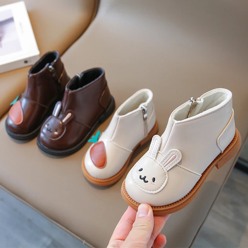 Bunny & Carrot Embroidery Leatherette Boots For Baby Girls Warm Plush Lining Rabbit Botas Toddler Child Cartoon Animal Shoes