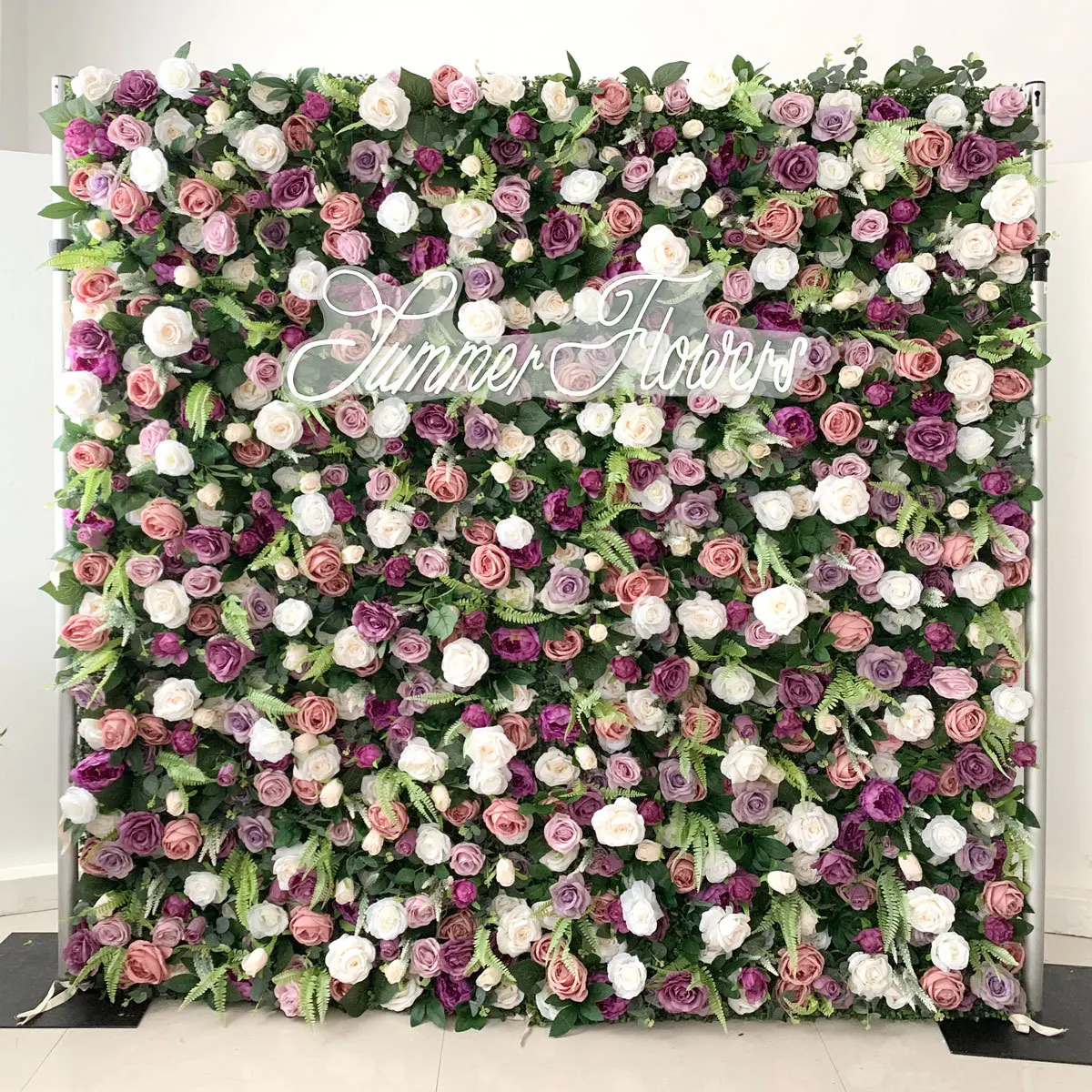 

Custom luxury 3D pink purple rose green leaves,artificial flower wall,wedding background decoration,birthday event stage layout
