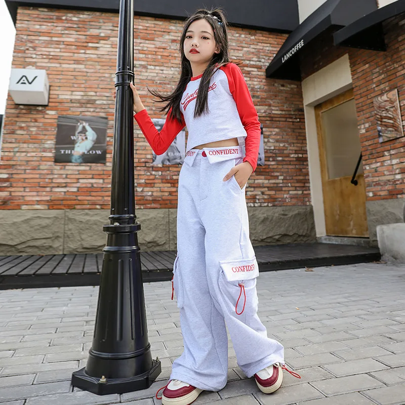 Girl Kpop Hip Hop Clothing Red Gray Crop Top Long Sleeve Sweatshirt Casual Wide Sweat Pants for Kids Jazz Dance Costumes Clothes