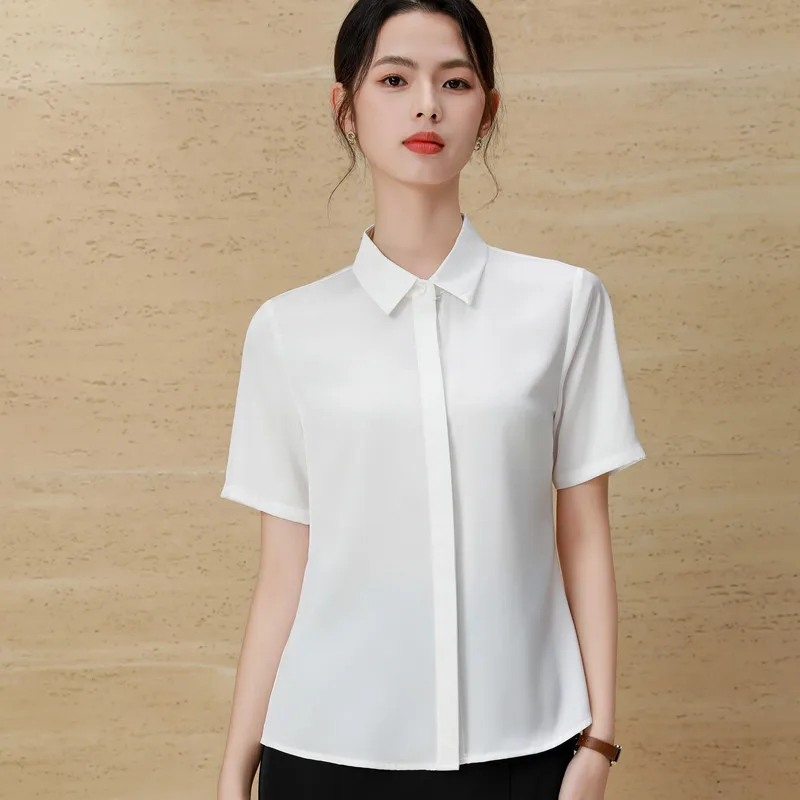 NAVIU Summer New Casual Turn-down Collar Women Shirt 2024 Office Lady Short Sleeve Chiffon Blouse Fashion Korean Style Tops Blue